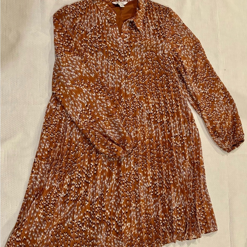Nine West Burnt Orange Patterned Long Sleeve Dress with Lining